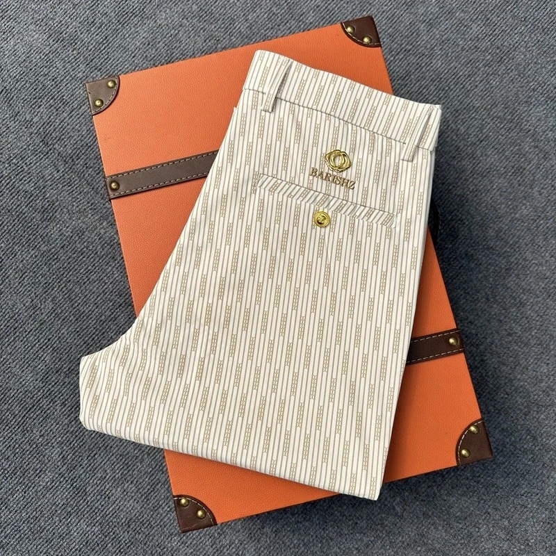 欧货男士休闲裤夏季薄款轻奢潮流冰丝印花直筒裤高档商务修身西裤