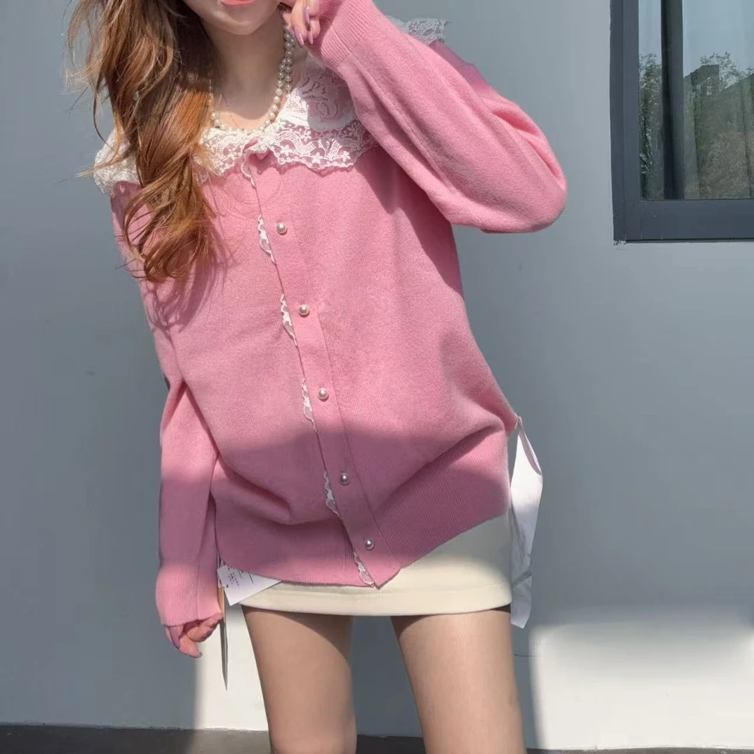 【百分百山羊绒】254030韩版温柔风蕾丝拼接款羊绒开衫时尚百搭款