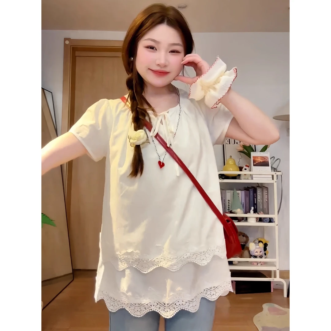 法式波浪镂空花边短袖衬衫女2025秋冬新款大码胖MM宽松设计感衬衣