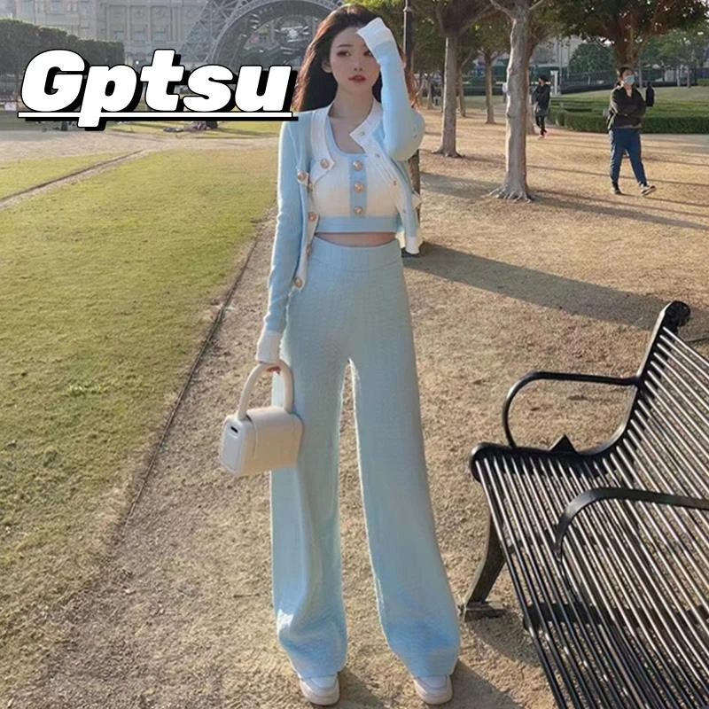 GPTSu网红时尚休闲套装女秋冬季洋气小香风开衫背心阔腿裤三件套
