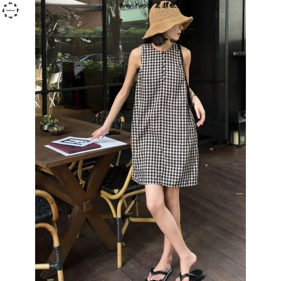 宽松显瘦遮肚子无袖背心裙女士春夏款法式复古梨形身材格子连衣裙