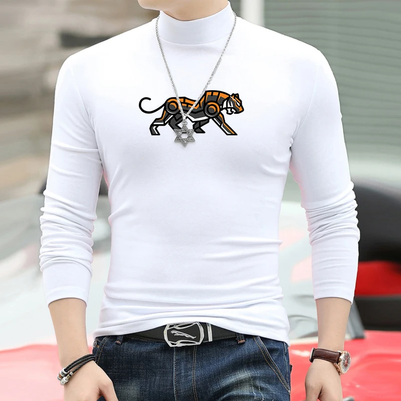 秋冬舒适半高领打底衫男士长袖修身加厚秋衣印花中领T恤大码青年