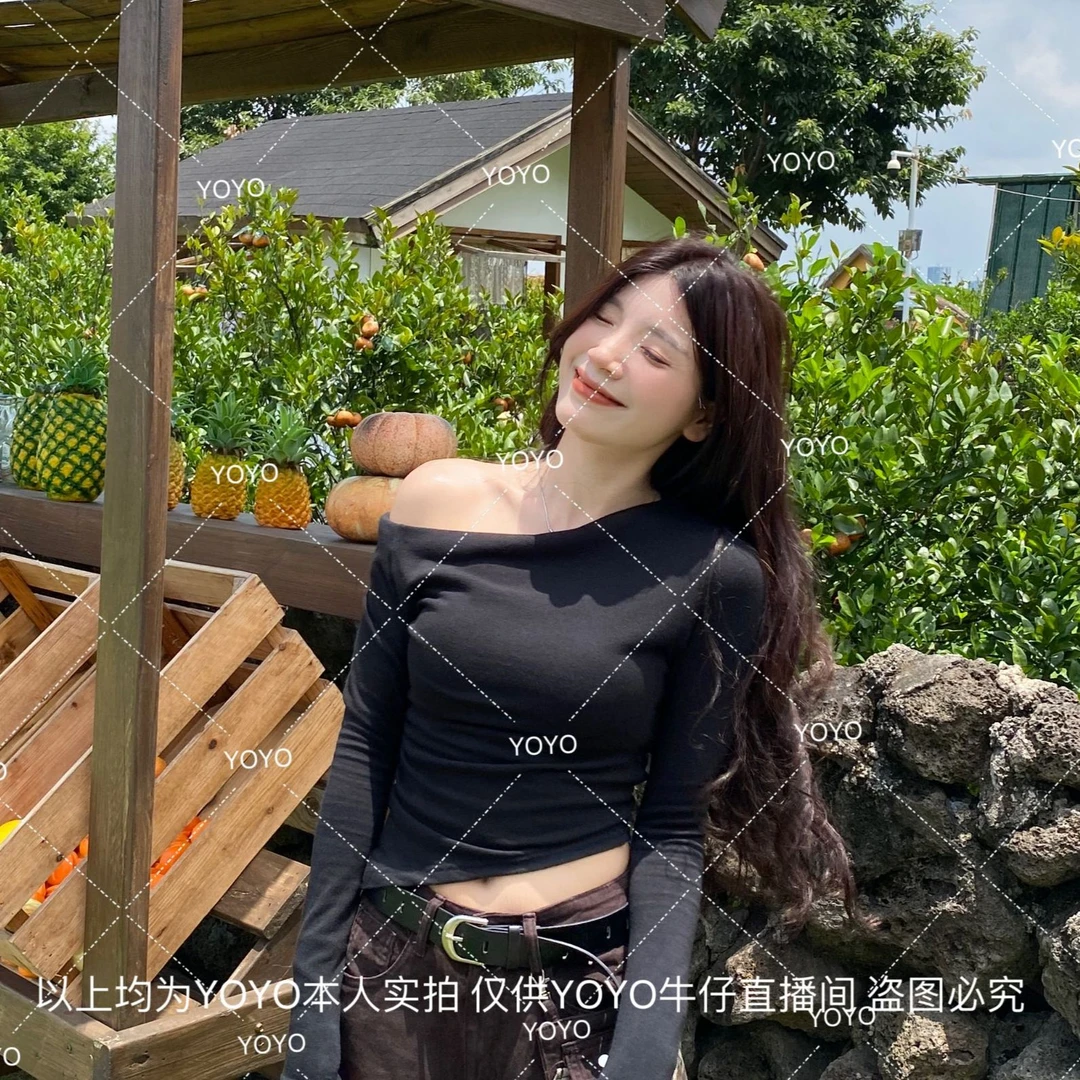 YOYO自制【斜角斜肩】早秋新款显瘦辣妹短款紧身长袖打底上衣