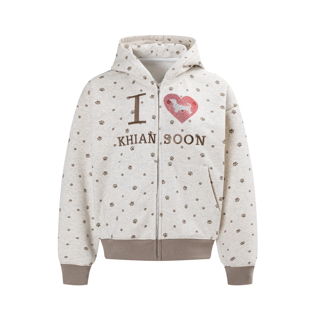 KHIAN SOON美式复古小狗爱心脚印正肩修身长袖连帽卫衣外套女上衣