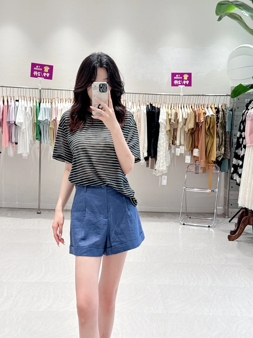 哈喽常规款圆领短袖条纹冰麻T恤显瘦百搭夏季