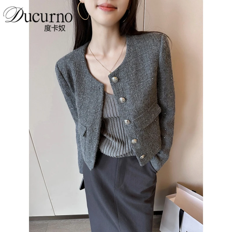 灰色圆领亮片小香风短外套女2025年秋季新款复古高级感气质西装