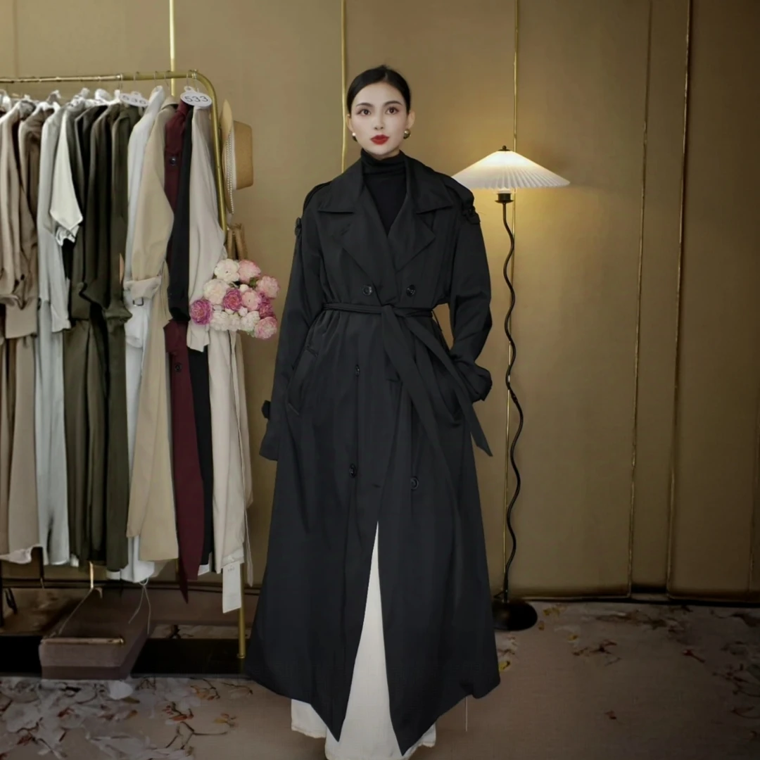 【539】黑色设计感肩扣长款风衣轻奢显瘦大舅款