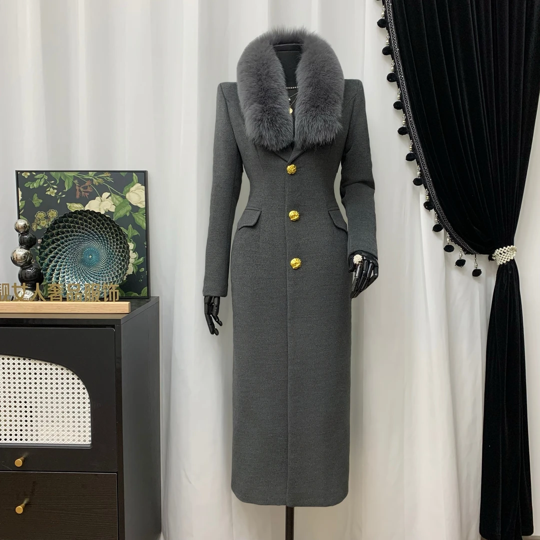 灰色毛呢大衣女2024冬季袖毛轻奢长款加厚保暖外套ins