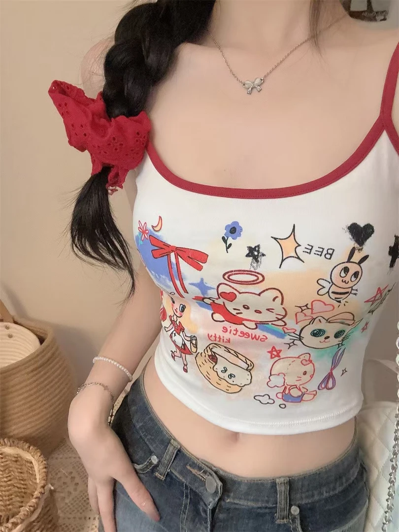 猫咪kitty美式趣味涂鸦印花吊带背心女夏季内搭美背带胸垫上衣