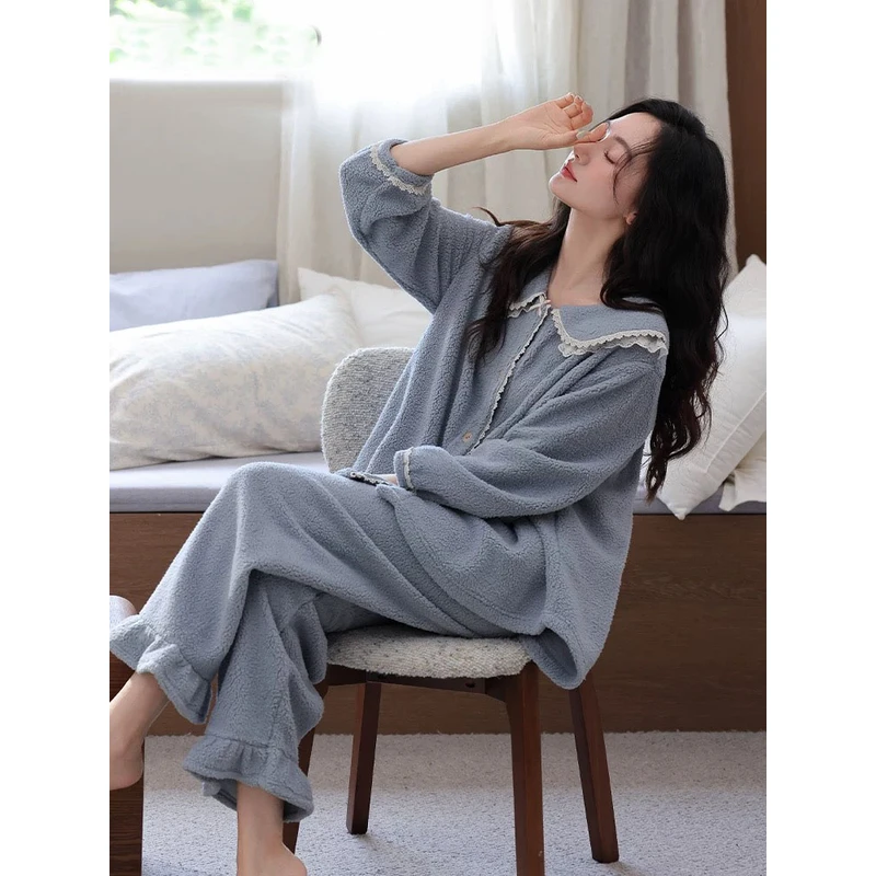 睡衣女秋冬款冬季珊瑚绒加绒加厚法兰绒家居服冬天保暖高级感套装