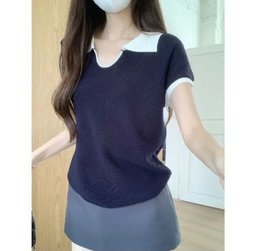 2025夏新款韩系翻领撞色拼接短袖女宽松显瘦百搭时尚针织上衣