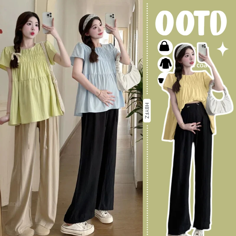 洋气孕妇套装新款宽松洋气减龄遮肚短袖孕妇娃娃衫上衣裤子两件套