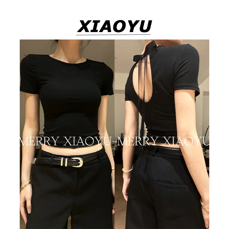 小鱼【时髦秘密】松弛感蝴蝶结露背修身短袖T恤显瘦正肩上衣