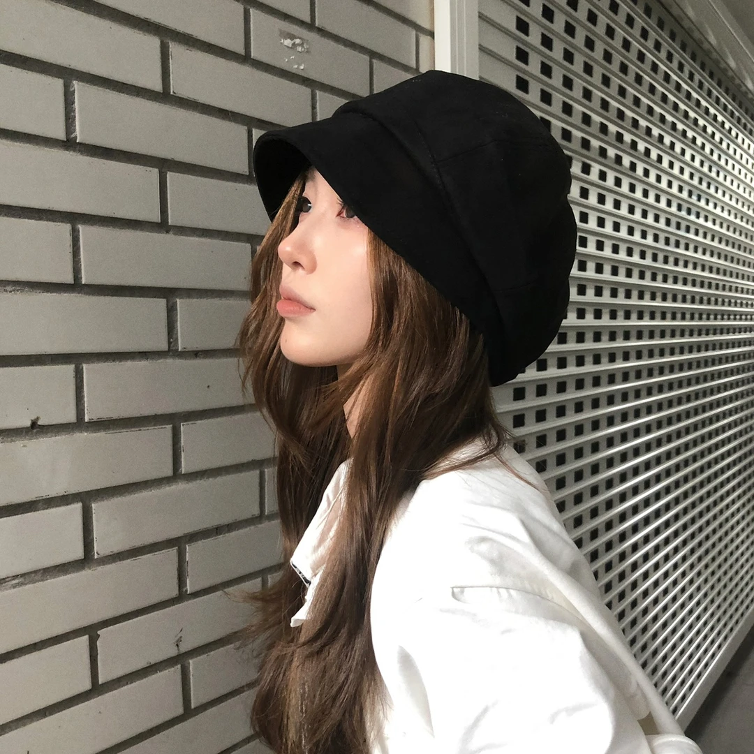 【猫仔kitten】黑色复古文艺百搭渔夫帽显脸小秋冬简约大头围帽子
