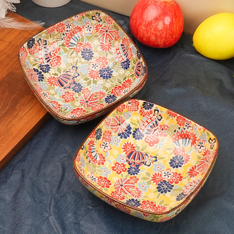 陶瓷耐高温似锦繁花6英寸方盘厨房家用菜盘汤盘沙拉盘实用食品级