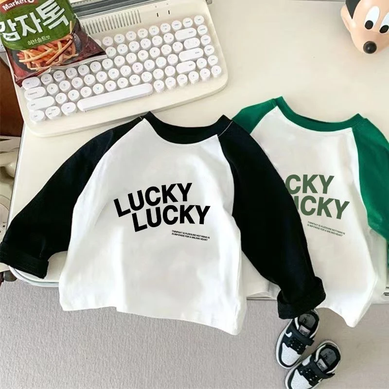 纯棉儿童长袖T恤2024春秋装中小童装新款男女宝宝插肩拼接打底衫t