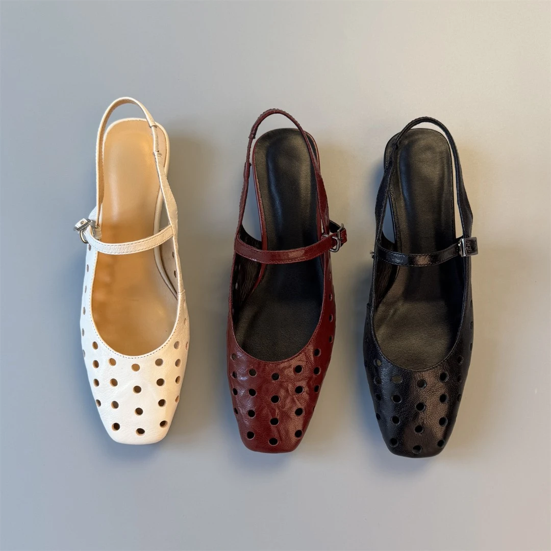 诗博尼·【2cm】34-40羊皮/猪皮/羊皮复古百搭方头后空凉鞋洞洞鞋女