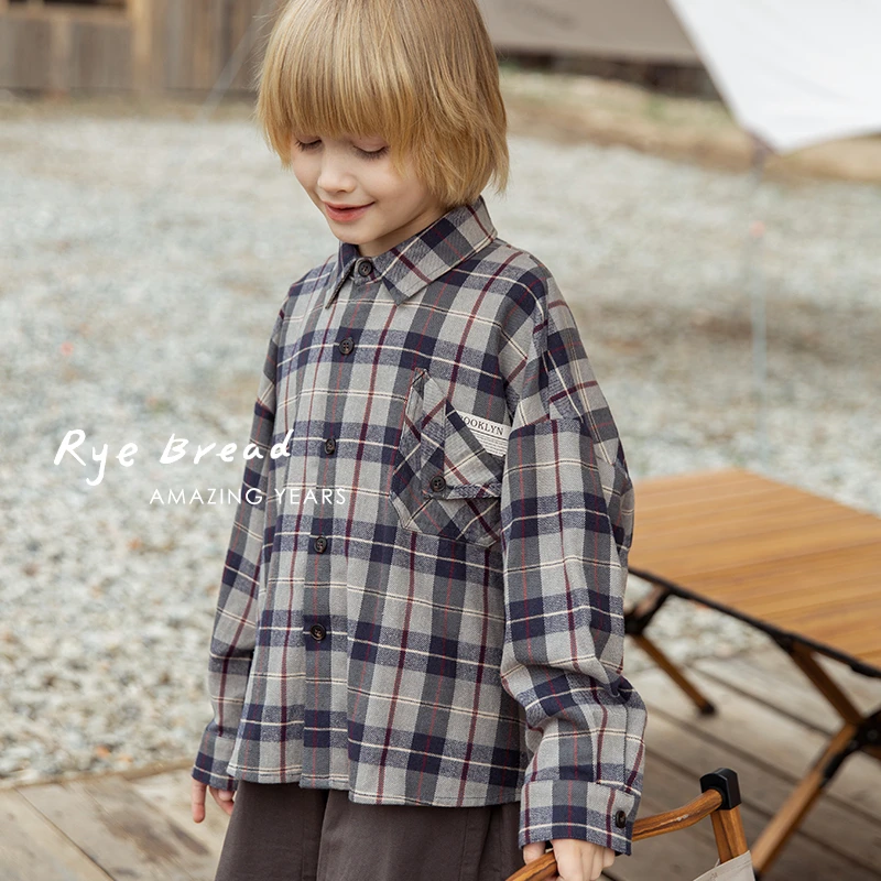 ryebread/黑面包童装 复古撞色格子男中大童舒适单排扣衬衫W4春秋