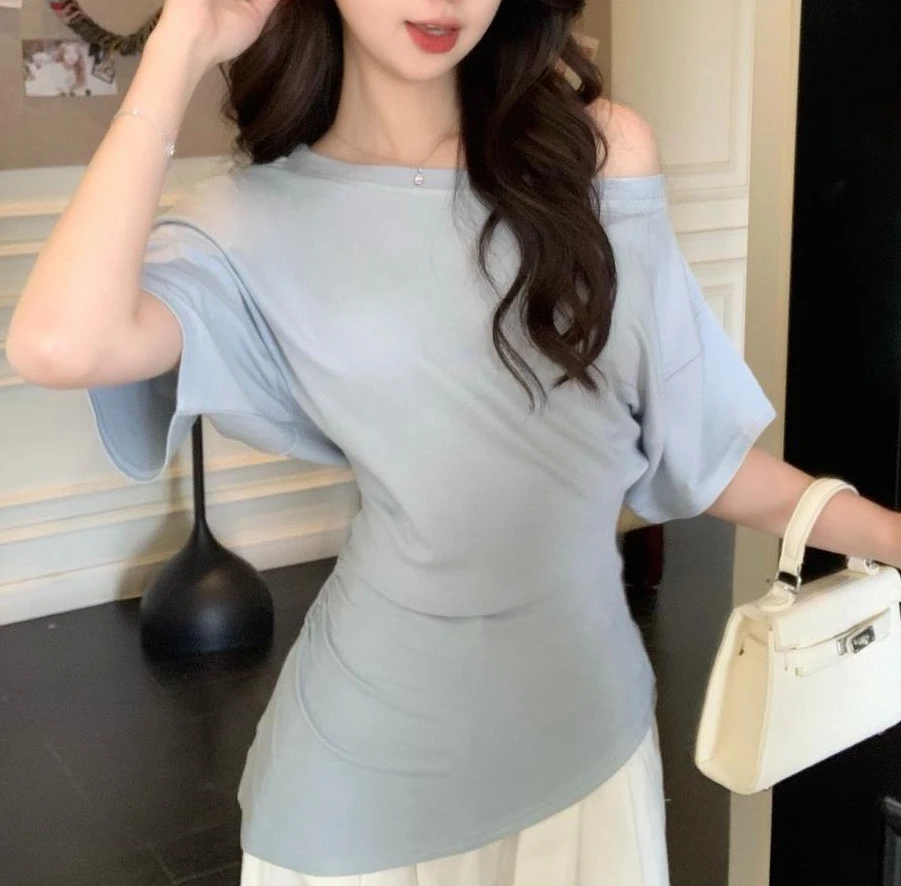 斜肩蓝色福利款短袖T恤女夏季纯欲辣妹修身百搭时尚