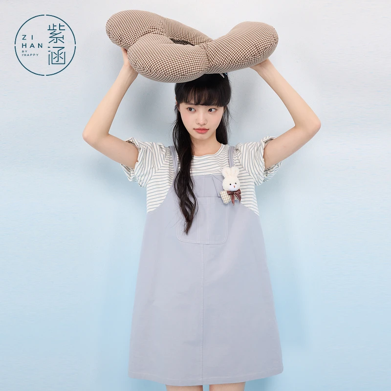 紫涵假两件圆领短袖连衣裙女2025年夏季新款撞色短裙Z5Z04BS357
