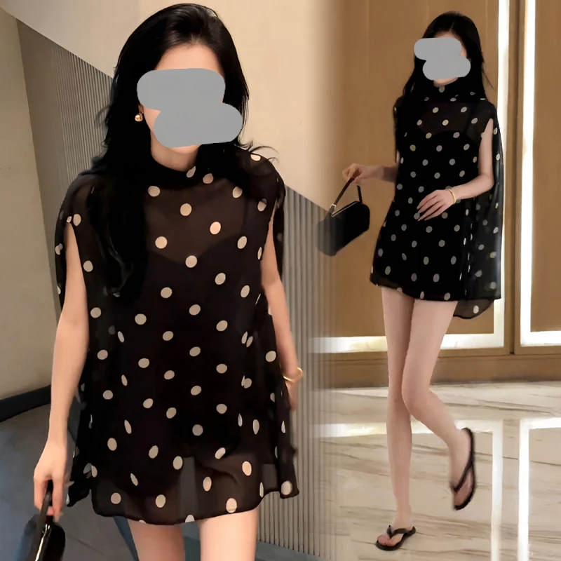 赫本风法式小众高级感套装别致黑色波点无袖上衣黑色高腰短裤女夏