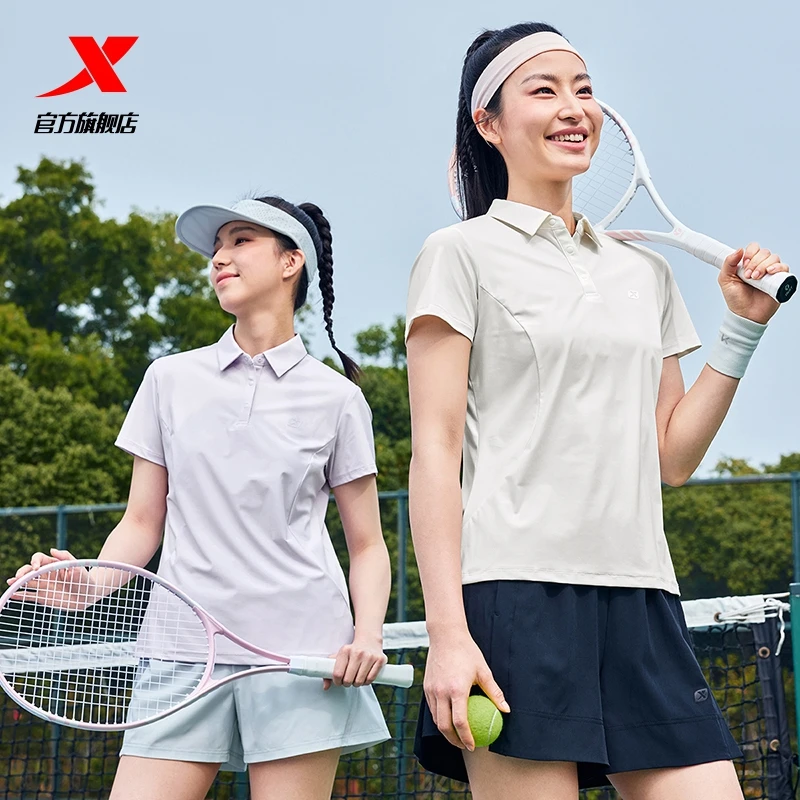 特步速干运动POLO衫女2025夏季透气弹力翻领半袖健身训练运动短袖