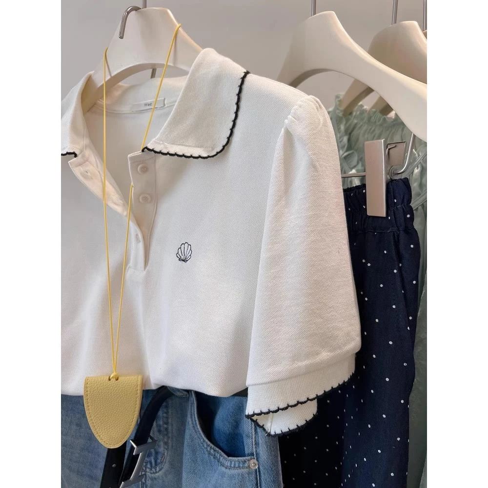 贝壳刺绣通勤小翻领气质乖巧短袖上衣女2025夏季韩版新款撞色边