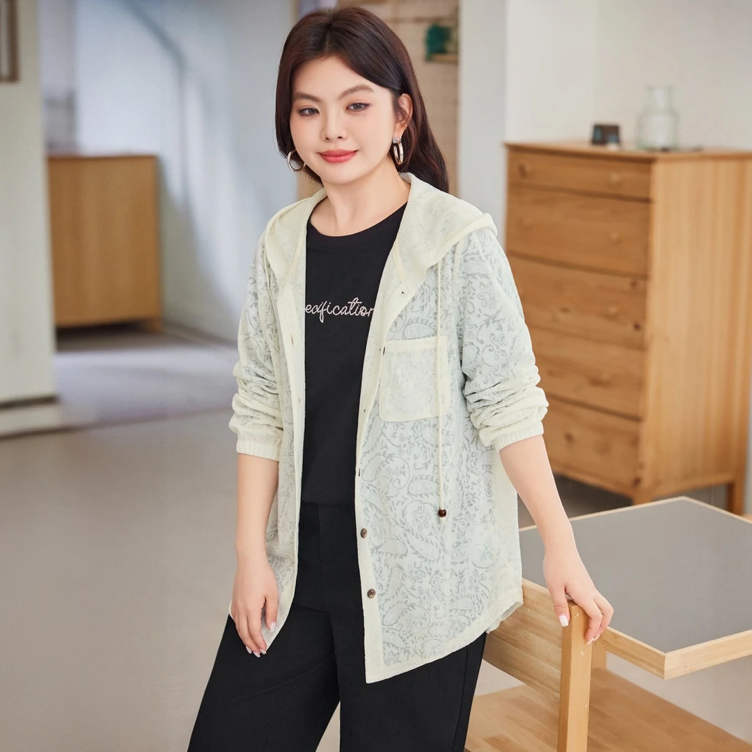 【提花针织开衫】MsShe大码女装秋季显瘦宽松连帽外套女C2508032