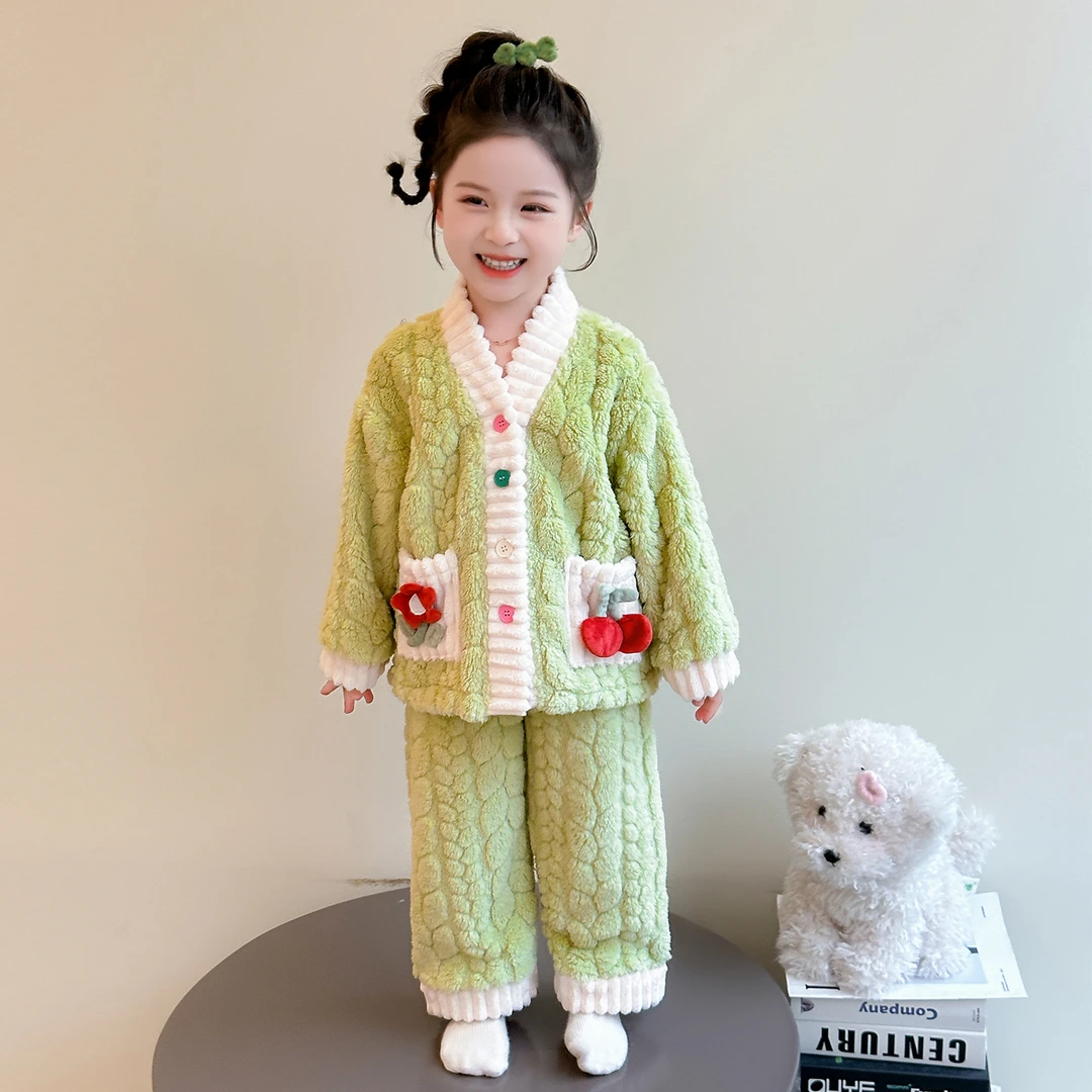 儿童睡衣女孩冬季珊瑚绒加厚款公主加绒套装女童宝宝法兰绒家居服