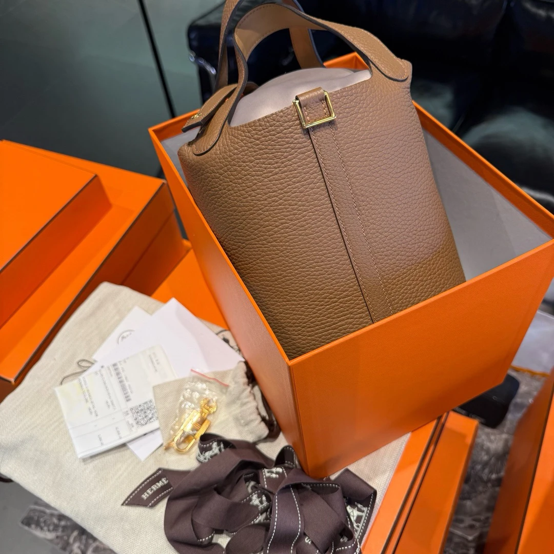 99新 Hermes/爱马仕 菜篮子18全套栗子色拼饼干色z刻