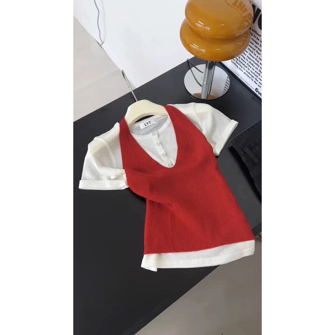 红色挂脖正肩针织短袖t恤女夏夏季修身短款设计感吊带上衣两件套