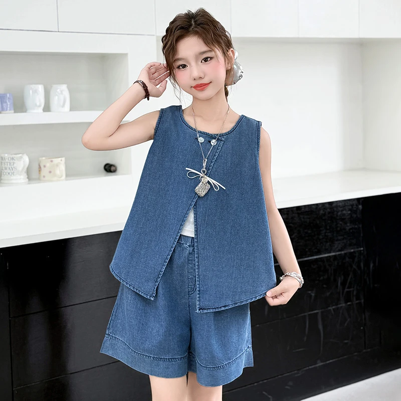 女童牛仔套装夏季薄款2025新款酷飒洋气不规则无袖上衣短裤两件套