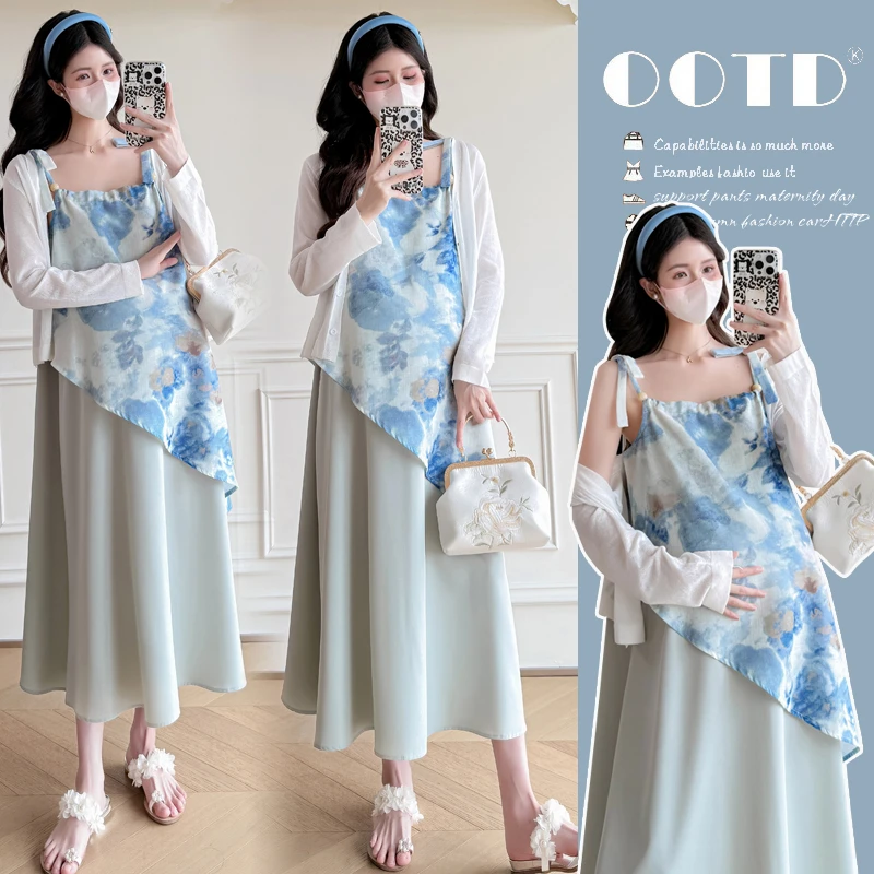 2025春夏新款孕妇装水墨印花时尚宽松吊带连衣裙+防晒开衫两件套