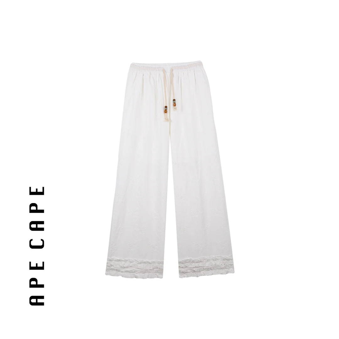 APE CAPE【花边记】重工刺绣九分花边裤女 夏季白色休闲裤女松紧腰