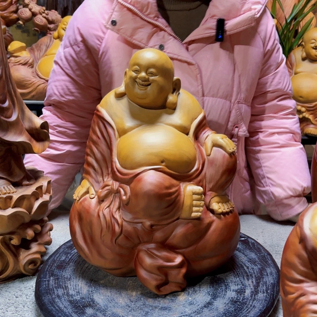 平***乐香樟木福袋弥勒佛坐款