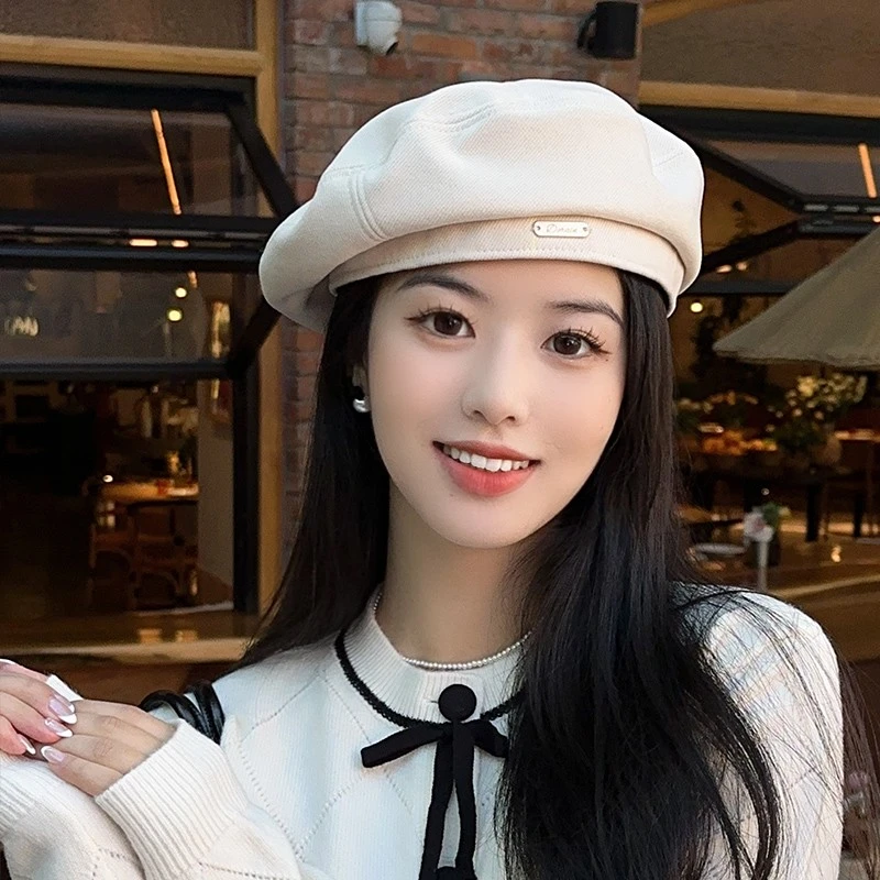 春秋帽子女格纹贝雷帽英伦复古休闲百搭蓓蕾帽2023新款贴标画家帽
