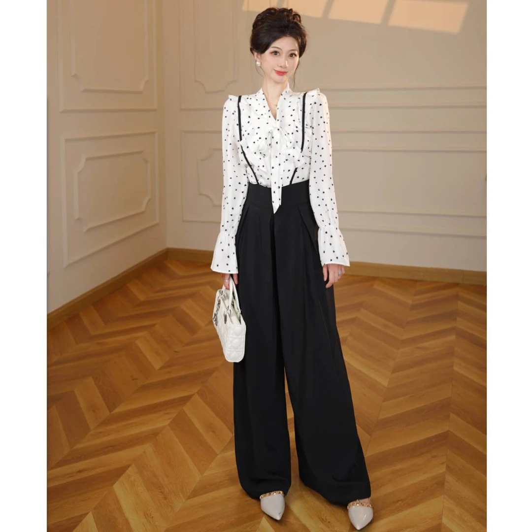 秋季新款法式高级感通勤两件套波点衬衫女春秋季上衣+显瘦裤套装