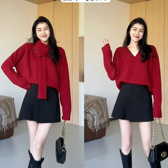 韩系甜美减龄毛衣女冬季设计感可拆卸围巾软糯针织毛衫