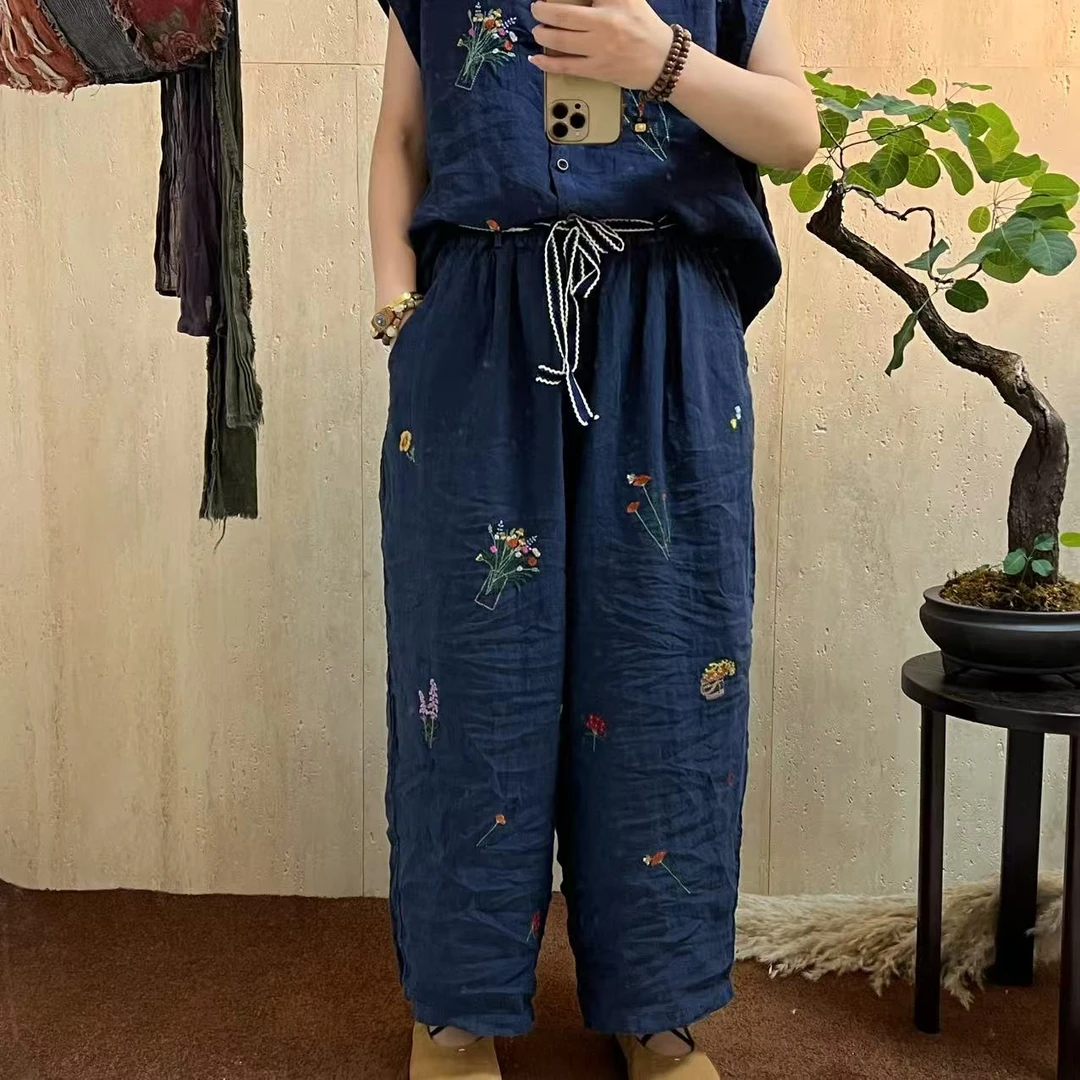 那年 100%干洗亚麻刺绣高腰薄款休闲裤夏季宽松百搭（长90臀围140）