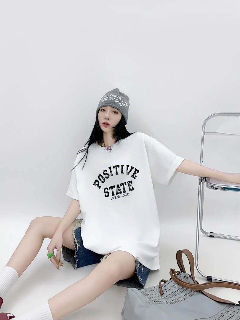 【赫希】宽松型字母圆领短袖T恤时尚宽松夏季韩版#2523