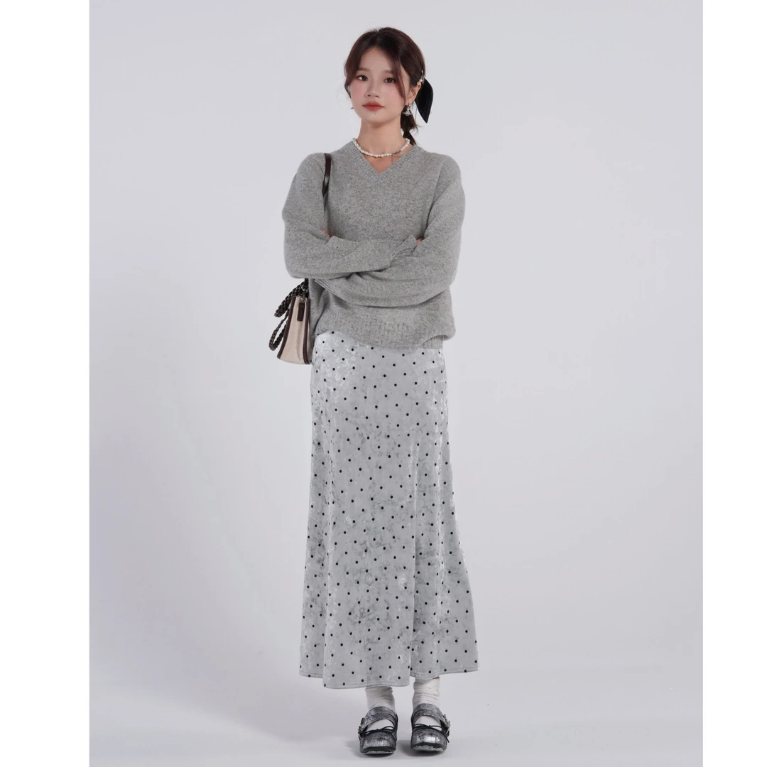 小个子春季新款丝绒半身裙波点印花气质时尚小众高颜值