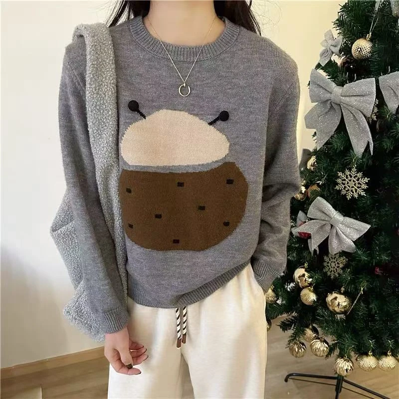 【女婿家】灰色卡通提花甲壳虫宽松毛衣冬季圆领正肩针织短款上衣