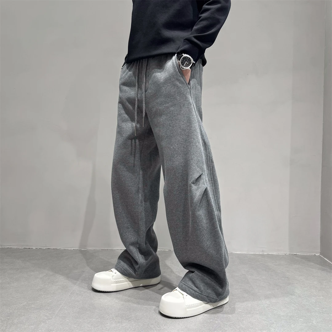 日系复古设计感运动卫裤男冬季加绒加厚剪裁宽松百搭阔腿长裤子潮