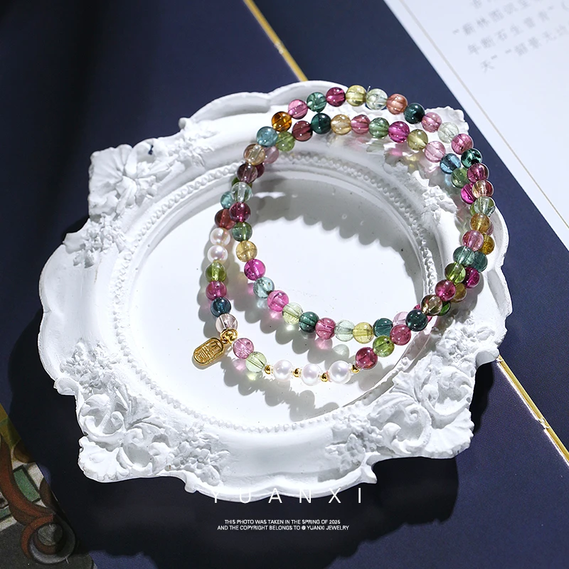 天然原矿碧玺手串手链高净体糖果色跳色+18K金双圈设计款【4.8mm】