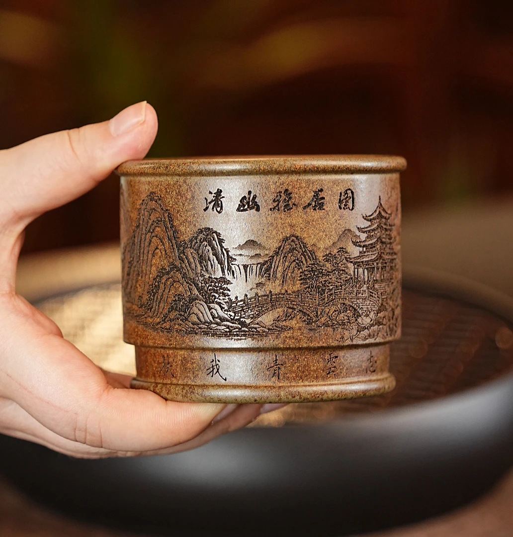 254宜兴原矿龙背青泥料柴烧刻绘雅居图紫砂品茗主人杯茶杯全手工