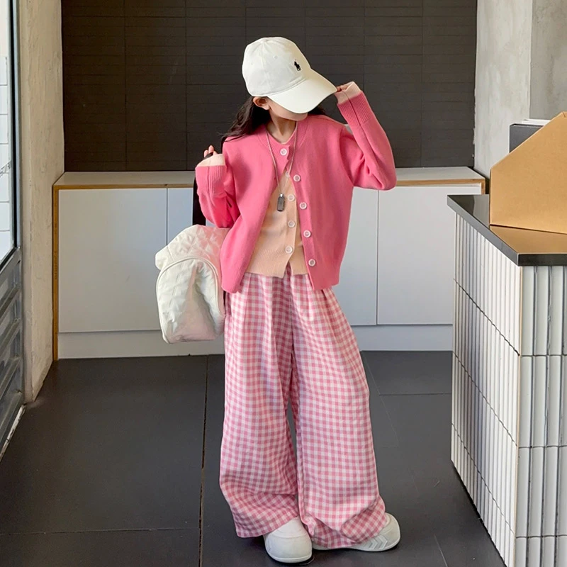 女童2025新款韩系穿搭甜美休闲假两件毛衣宽松格子阔腿裤两件套潮