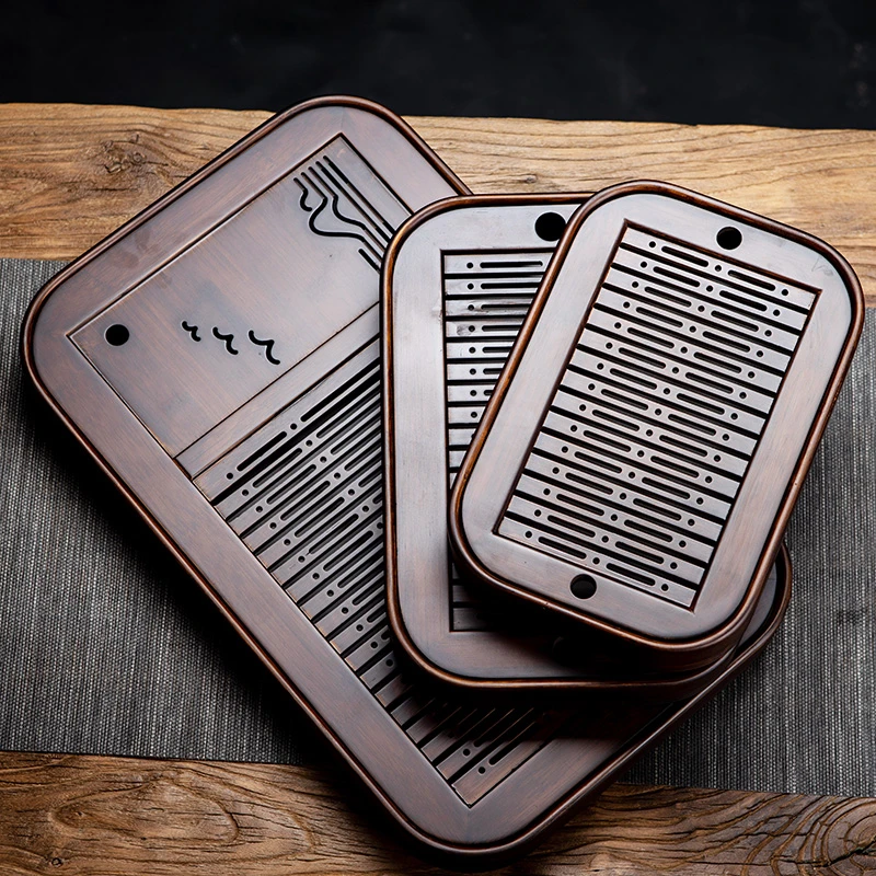 轻奢简约蓄水茶盘家用小型沥水托盘复古竹制茶托盘简易竹茶盘泡台