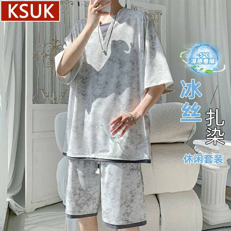 KSUK短袖T恤男士休闲短裤扎染套装夏季假两件宽松穿搭配套一整套