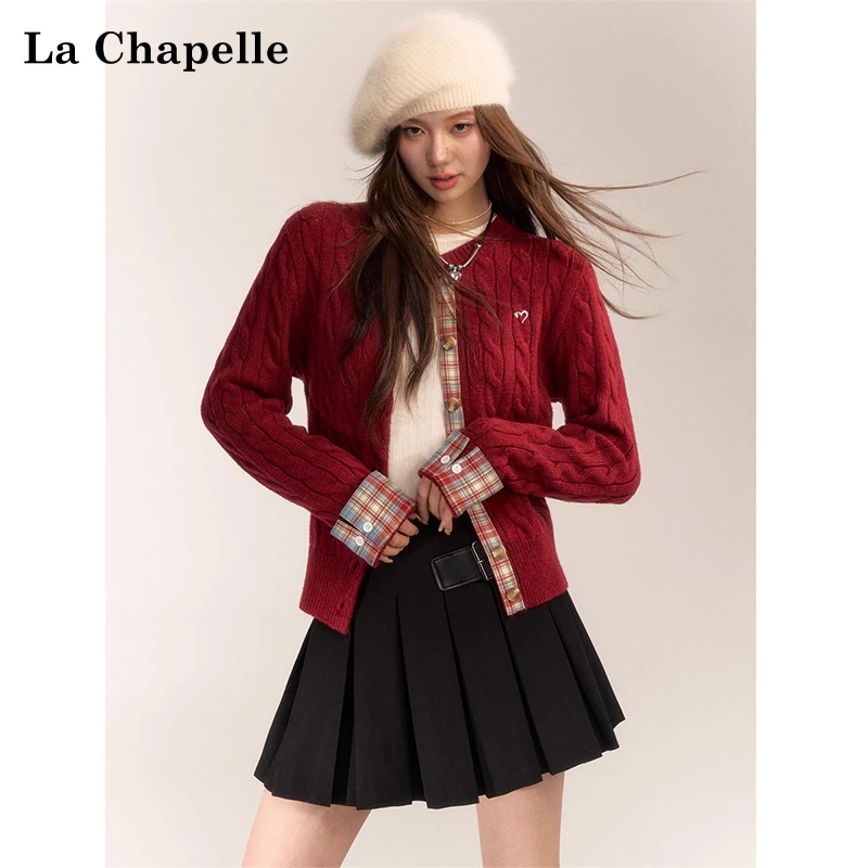 拉夏贝尔新年红色韩系格纹拼接针织衫上衣女秋冬修身麻花毛衣外套