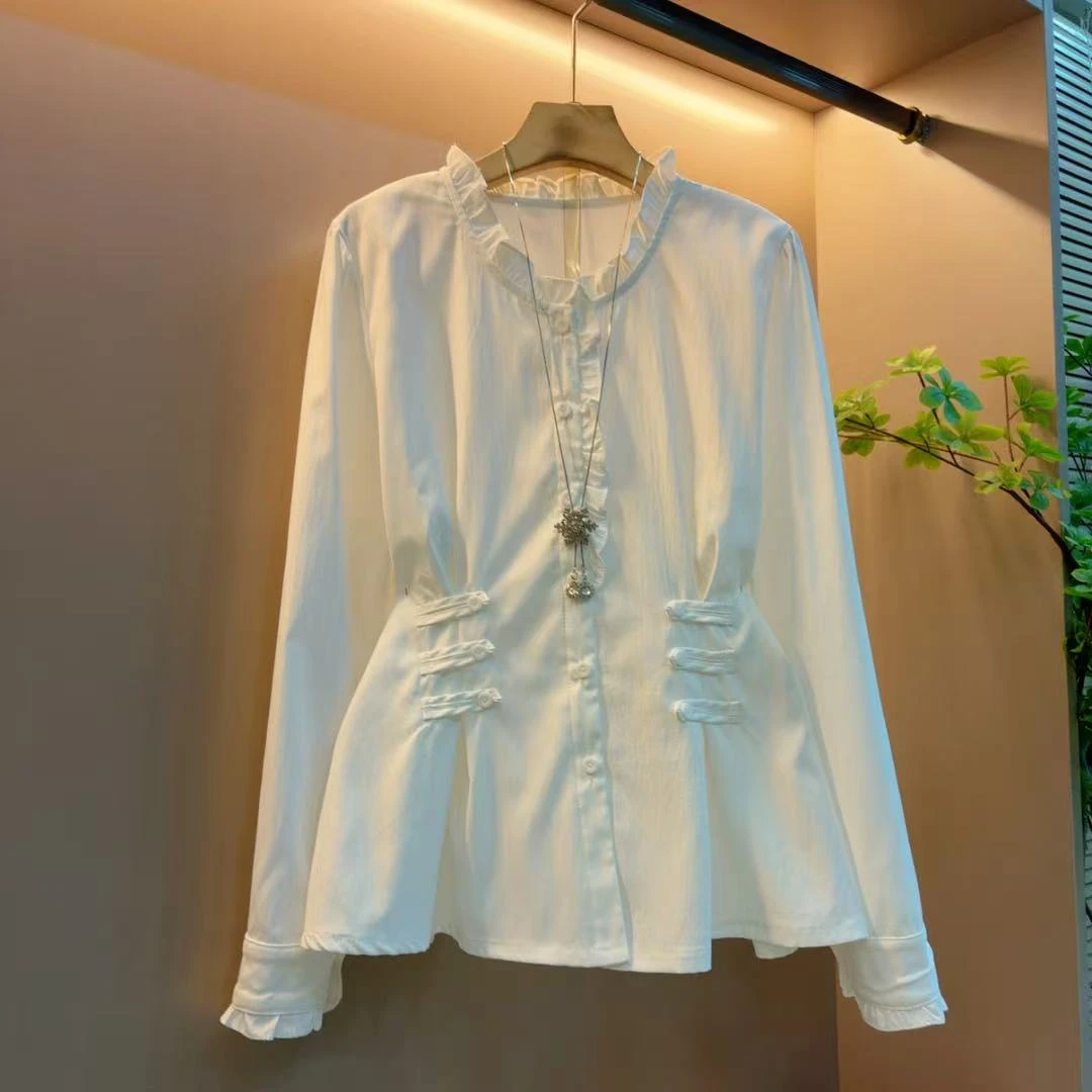 新款洋气花边领高级感时尚百搭显瘦遮肉衬衫上衣(衣长65左右)